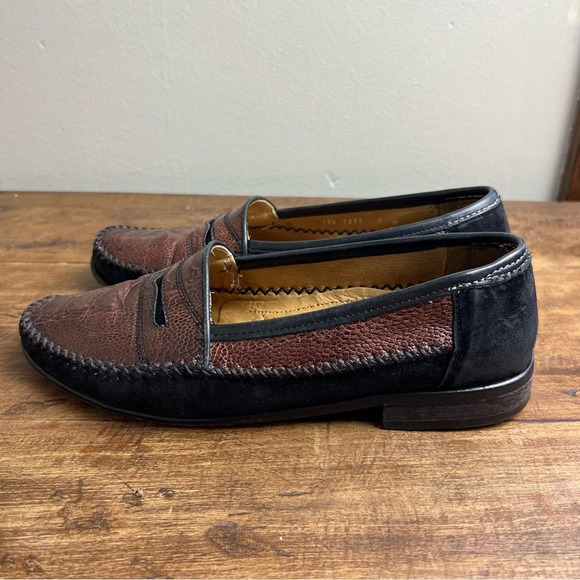 Zelli Mens 9M Black Brown Genuine Ostrich Leather Handmade Italy Penny Loafers - Picture 4 of 11